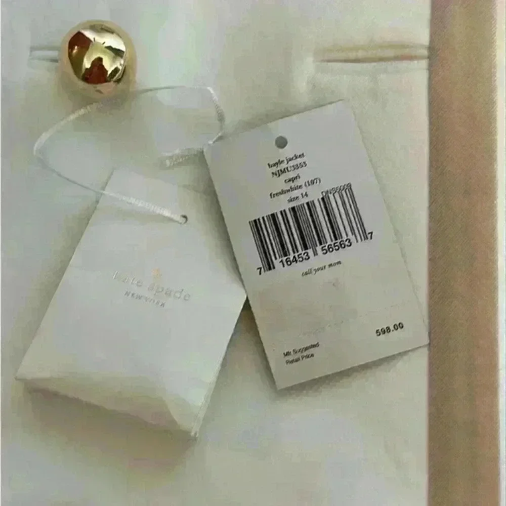 Kate Spade Bayle NWT $598 Coat Double Breasted Beige/Gold 100% Cotton Wmn Sz 14